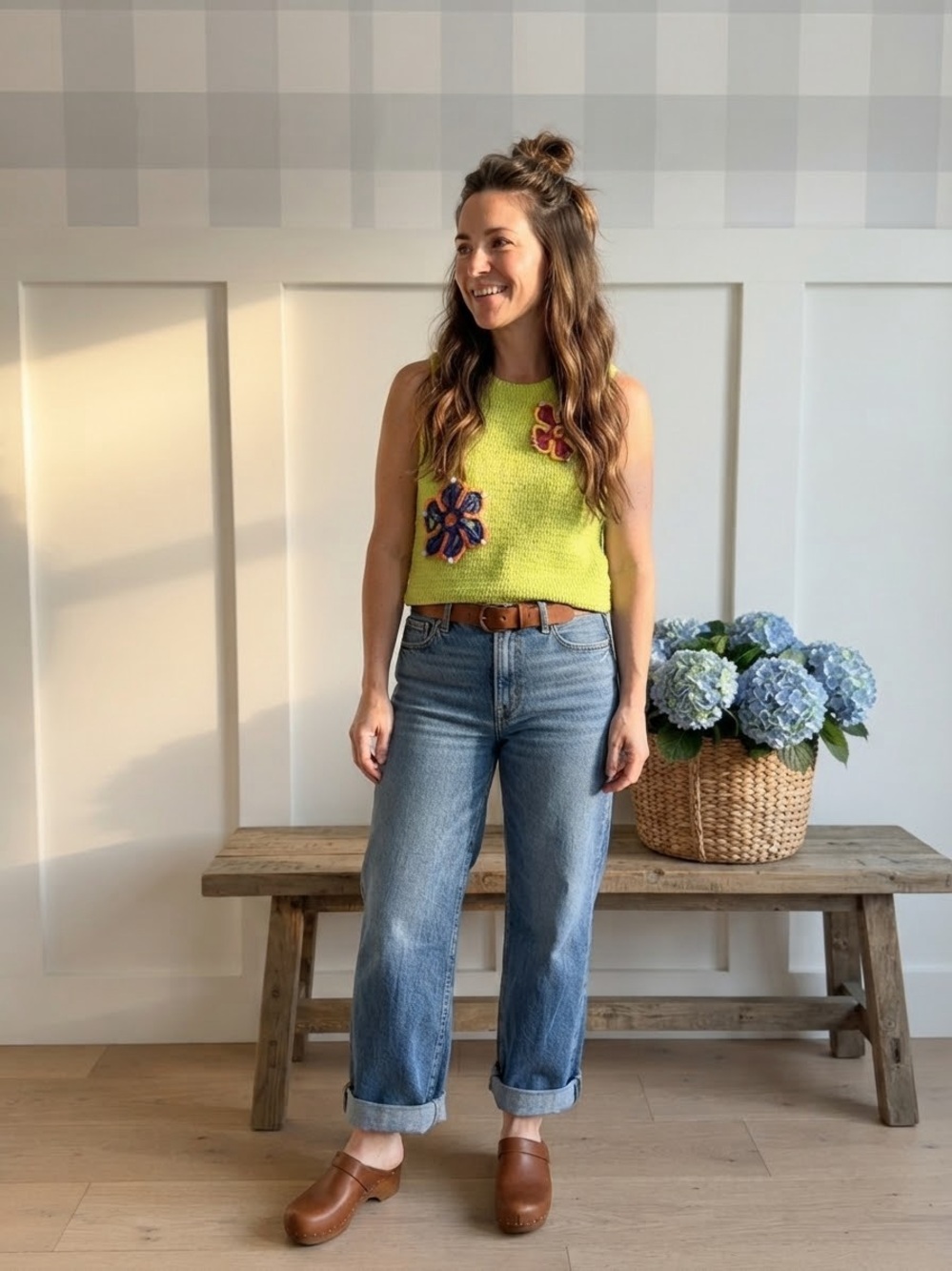 Zara Neon Green Knit Sleeveless Crop Top with Floral Appliqués Large